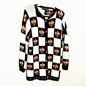 Christine Foley cardigan sweater sz 3 sz L fleur de lis Black ivory check Vtg